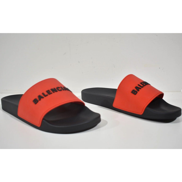 Balenciaga Black Red Bicolor Rubber Logo Slide Pool Sandal Flip Flop Flat 44 11 - Picture 4 of 12